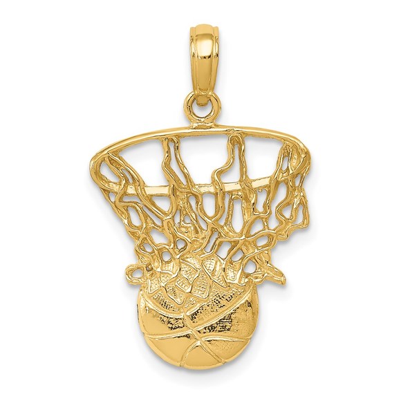 14k Yellow Gold Genuine Sports Swoosh Basketball and Net Necklace Charm Pendant - Picture 2 of 5